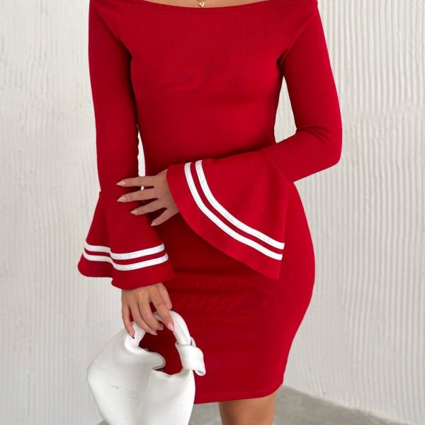 Kadın Akrilik Kumaş Ispanyol Kol Madonna Yaka Mini Elbise