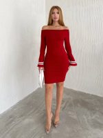 Kadın Akrilik Kumaş Ispanyol Kol Madonna Yaka Mini Elbise - Görsel 4