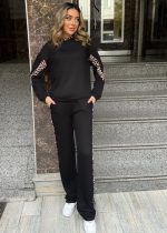 Kadın Kapüşonlu Leopar Detay Sweat Ve Yüksek Bel Yanları Leopar şeritli Bol Paça Pantolon Ikili Takım - Görsel 2