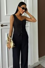 Tek Omuz Büstiyer Plazzo Pantolon Viscon Takım 10159 - Görsel 2