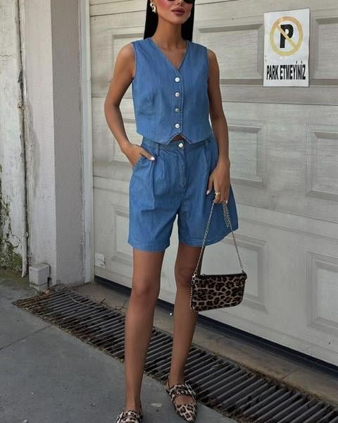 Gümüş Düğmeli Yelek Ve Şort Tensel Takım 10174