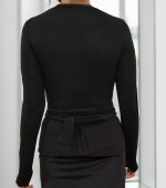 Kadın Uzun Kollu Bisiklet Yaka Omuzdan Uzun şerit Sırtta Bağlanan Kuşak Detay Viskon Bluz - Görsel 6