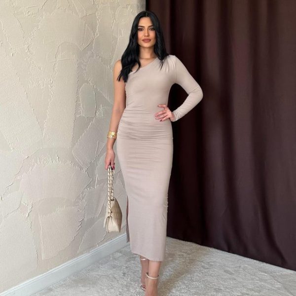 Bej Büzgü Detaylı Tek Omuz Elbise