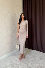 Bej Büzgü Detaylı Tek Omuz Elbise - Görsel 2