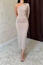 Bej Büzgü Detaylı Tek Omuz Elbise - Görsel 3