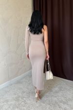 Bej Büzgü Detaylı Tek Omuz Elbise - Görsel 4