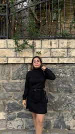 Kadın Uzun Kollu Balıkçı Yaka Kısa şardonlu Kaşkorse Elbise - Görsel 7