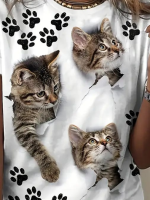 Kadın Kısa Kollu Kedi Ve Pati Baskılı Süprem T-shirt - Görsel 2