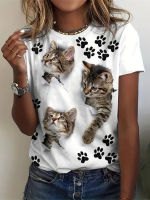 Kadın Kısa Kollu Kedi Ve Pati Baskılı Süprem T-shirt - Görsel 3