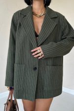 Haki Çizgili Oversize Ceket - Görsel 3