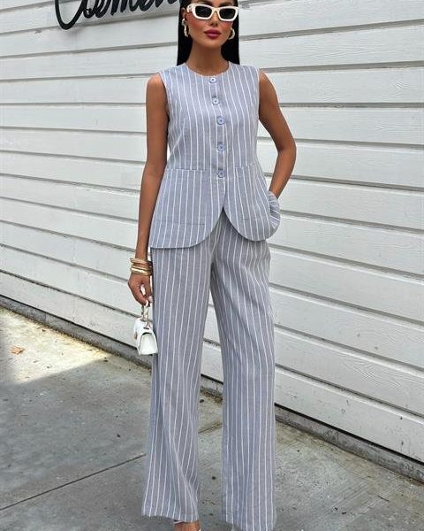 Çizgili Viscon Keten Yelekli Rahat Takım 10121