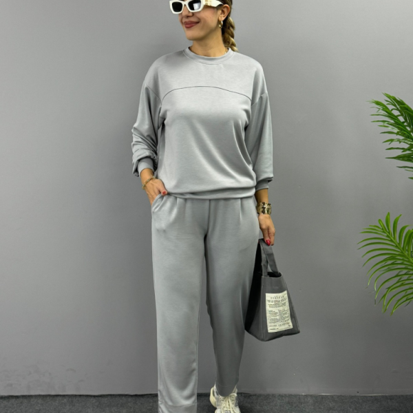 Kadın Uzun Kollu Bisiklet Yaka Viskon Iki Iplik Bluz Ve Pantolon Ikili Takım