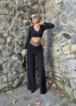 Kadın Belde Kruvaze Ve Ribana Detay Ispanyol Paça Ithal Krep Pantolon - Görsel 5