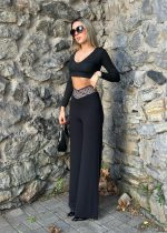 Kadın Belde Kruvaze Ve Ribana Detay Ispanyol Paça Ithal Krep Pantolon - Görsel 6