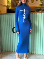 Kadın Uzun Kollu Boğazlı Baskı Detaylı Viskon Tam Boy Elbise - Görsel 5