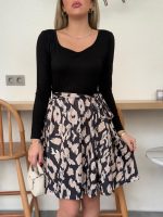 Kadın Uzun Kollu Kare Yaka Viskon Bluz Alt Süprem Baskılı Belden Kuşaklı Kısa Elbise - Görsel 2