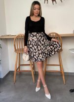 Kadın Uzun Kollu Kare Yaka Viskon Bluz Alt Süprem Baskılı Belden Kuşaklı Kısa Elbise - Görsel 3