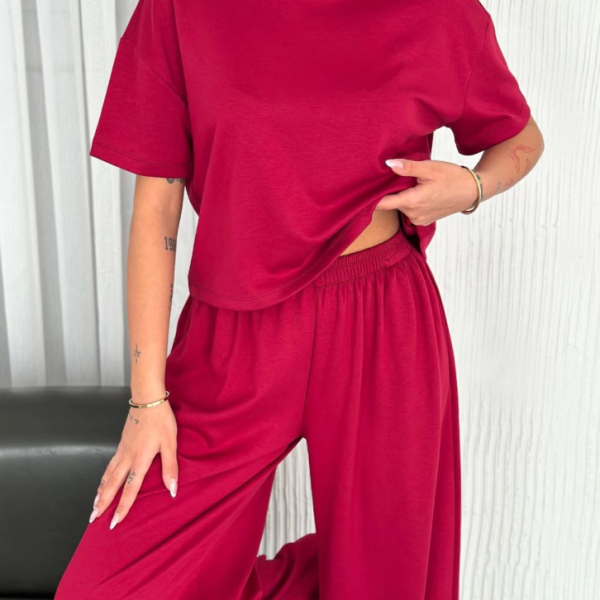 Osy Modal Yumuşak Dokulu Kumaş Bisiklet Yaka T-shirt Bol Paça Pantalon Ikili Takım -Bordo