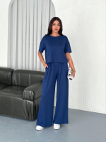 Osy Modal Yumuşak Dokulu Kumaş Bisiklet Yaka T-shirt Bol Paça Pantalon Ikili Takım -Saks Mavi - Görsel 4