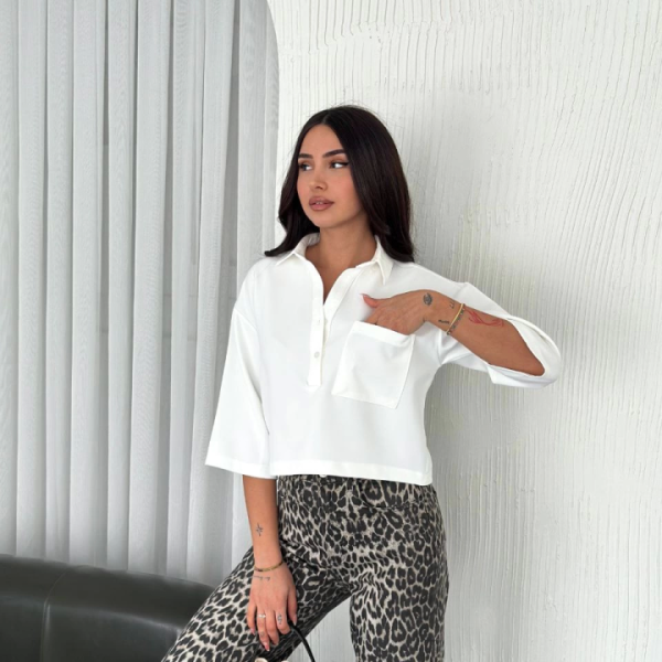 Crop Yakalı Gömlek Üç Çeyrek Sleeve Kol