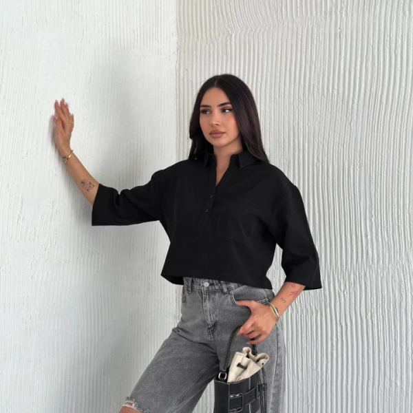 Crop Yakalı Gömlek Üç Çeyrek Sleeve Kol