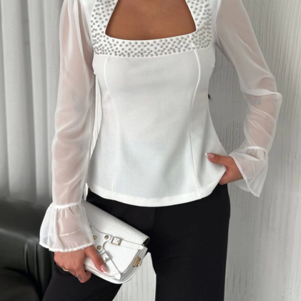 Kolları Şifon Göğüste İnci Boncuk Detaylı Bluz