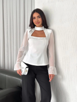 Kolları Şifon Göğüste İnci Boncuk Detaylı Bluz - Görsel 3