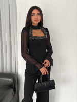 Kolları Şifon Göğüste İnci Boncuk Detaylı Bluz - Görsel 3