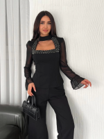 Kolları Şifon Göğüste İnci Boncuk Detaylı Bluz - Görsel 4