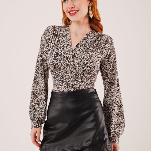 Mini Leopar Desen V Yaka Bluz