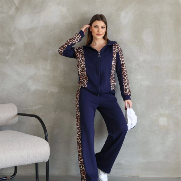 Osy Modal Yumuşak Dokulu Kumaş Kapüşonlu Leopar Desenli Fermuarlı Takım