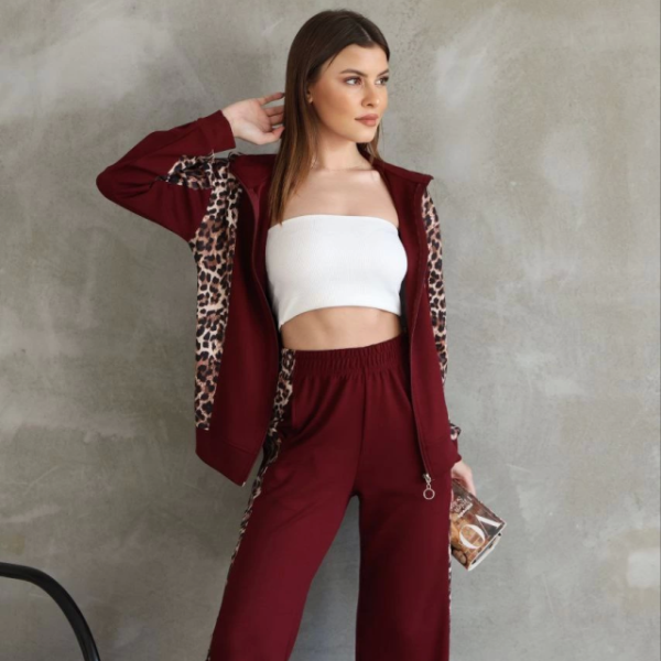 Osy Modal Yumuşak Dokulu Kumaş Kapüşonlu Leopar Desenli Fermuarlı Takım