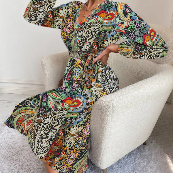 Kadın Uzun Kollu Kruvaze Yakalı Belden Kuşaklı Leopar