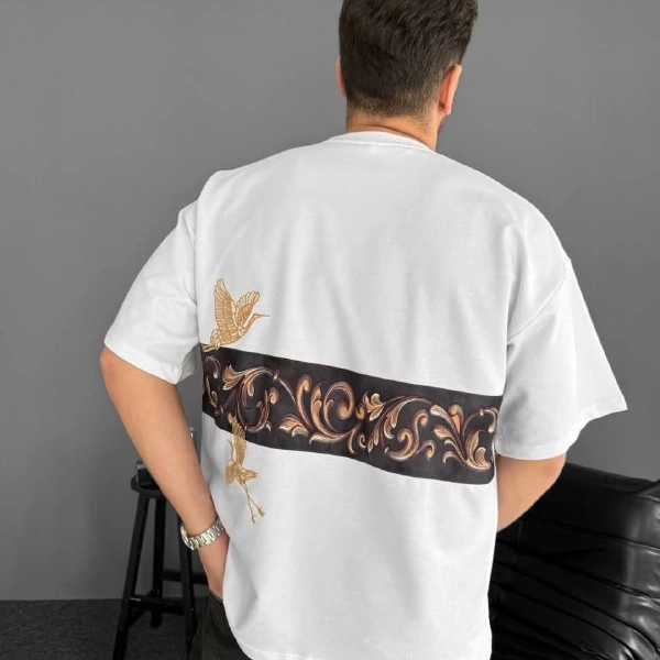 Ön Ve Arka Baskılı Oversize Bisiklet Yaka T-shirt