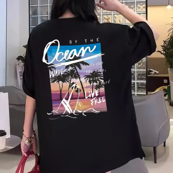 Kadınlar İçin Geniş Kesim Tişört - Kısa Kollu, Bol Kesim, Manzaralı Okyanus Baskı, Günlük Yazlık Üst, Siyah- Siyah