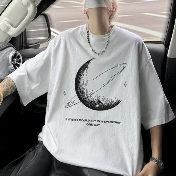 Baskılı Oversize Bisiklet Yaka T-shirt