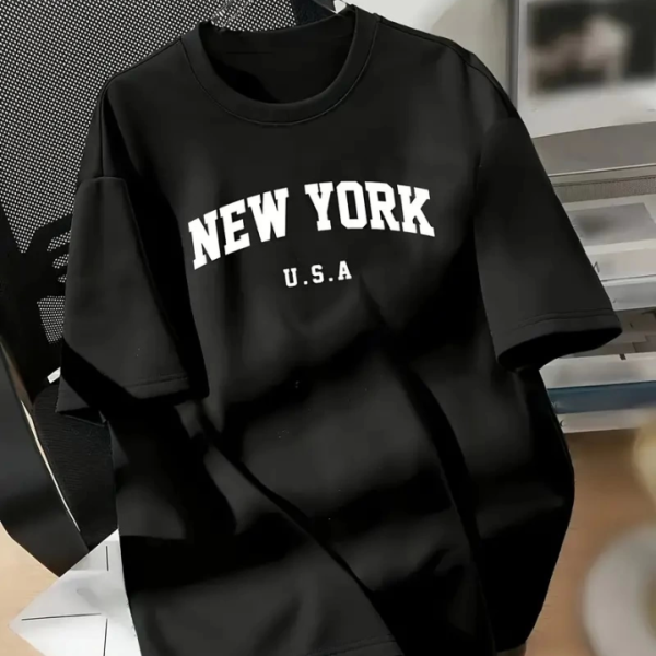 New York Baskılı Oversize Bisiklet Yaka T-shirt