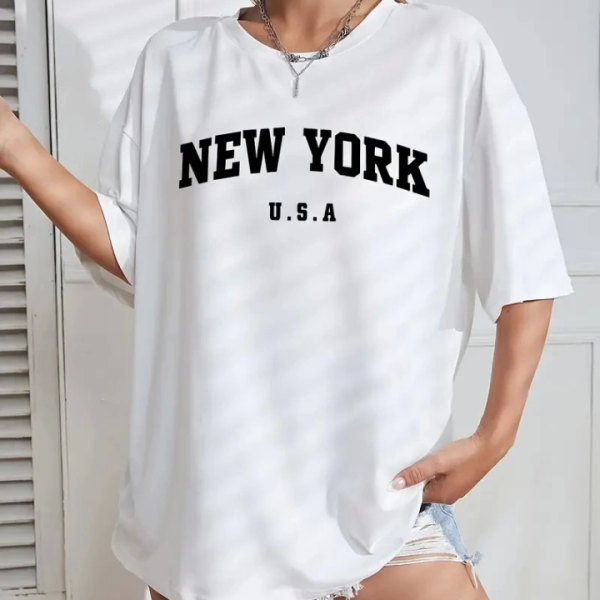New York Baskılı Oversize Bisiklet Yaka T-shirt