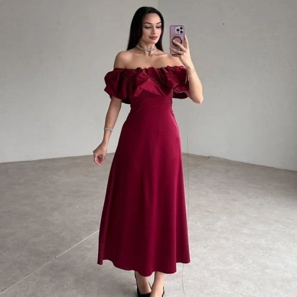Bordo Omuz Büzgülü Saten Elbise