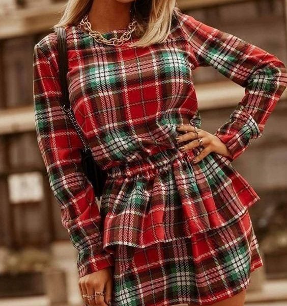 Kadın Ekose Kumaş Dijital Baskılı Uzun Kollu Mini Boy Elbise
