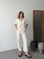 Keten Tam Fermuarlı Kısa Kollu Gömlek Pantolon Ikili Takım