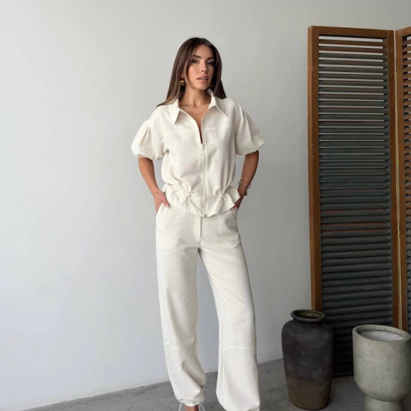 Keten Tam Fermuarlı Kısa Kollu Gömlek Pantolon Ikili Takım