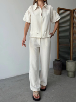 Keten Tam Fermuarlı Kısa Kollu Gömlek Pantolon Ikili Takım - Görsel 3