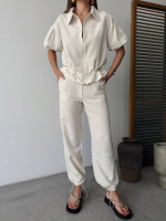 Keten Tam Fermuarlı Kısa Kollu Gömlek Pantolon Ikili Takım - Görsel 4