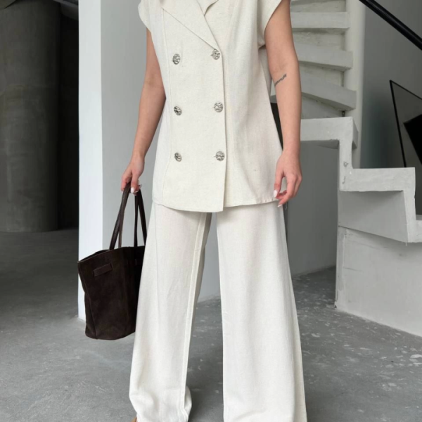 Keten Sıfır Kol Blezer Ceket Pantolon Ikili Takım- Beyaz