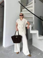 Keten Sıfır Kol Blezer Ceket Pantolon Ikili Takım- Beyaz - Görsel 2