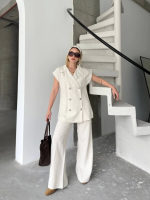 Keten Sıfır Kol Blezer Ceket Pantolon Ikili Takım- Beyaz - Görsel 3
