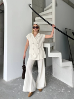 Keten Sıfır Kol Blezer Ceket Pantolon Ikili Takım- Beyaz - Görsel 4