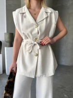 Keten Sıfır Kol Kuşaklı Ceket Pantolon Ikili Takım