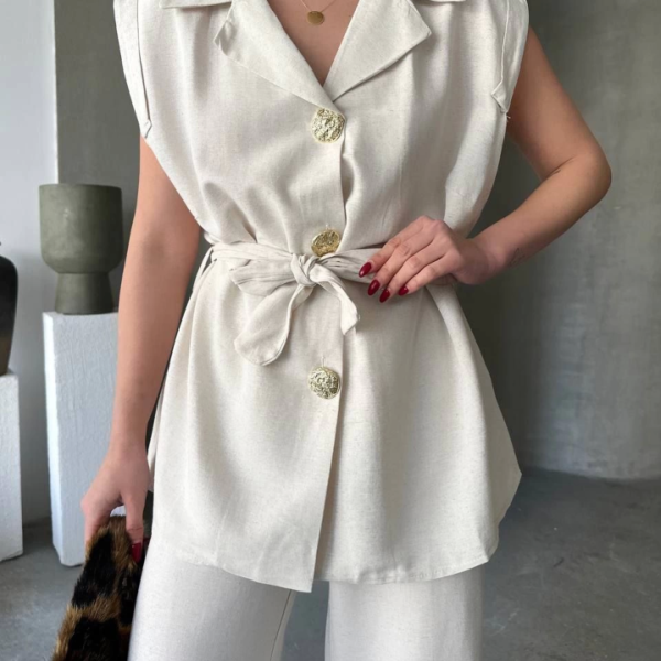 Keten Sıfır Kol Kuşaklı Ceket Pantolon Ikili Takım